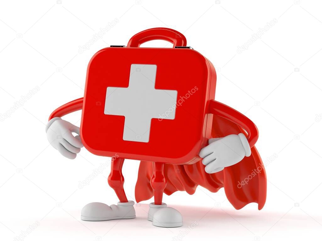 First aid kit character with hero cape isolated on white background. 3d illustration