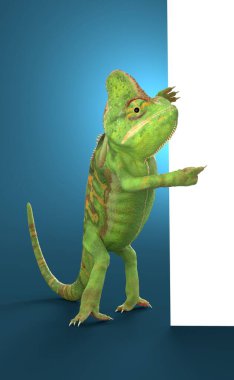 Bukalemun mavi arka plandaki boş kağıt parçasına işaret ediyor. 3d illüstrasyon