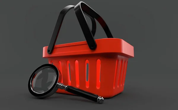 放大镜与购物篮隔离在灰色背景 3D说明 — 图库照片