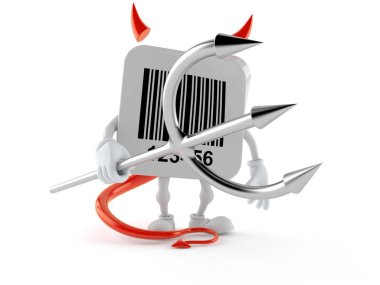 Şeytan boynuzu ve dirgenli barkod karakteri. 3d illüstrasyon