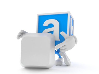 Oyuncak blok karakteri boş bilgisayar anahtarı beyaz arkaplanda izole edildi. 3d illüstrasyon