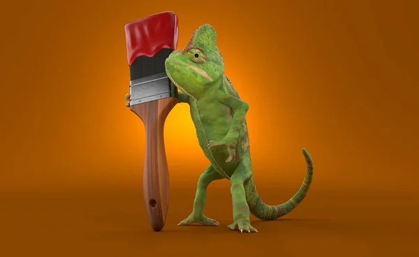 Chameleon Holding Paintbrush Orange Background Illustration — Stock Photo, Image