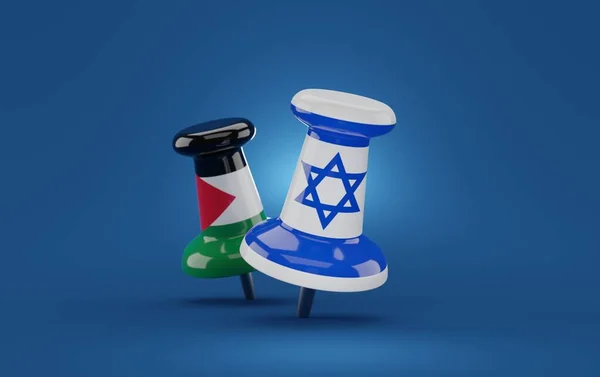 Thumbtacks with israel and palestine flag on blue background. 3d illustration