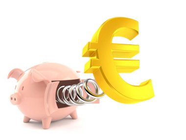 Beyaz arka planda izole edilmiş domuz kumbarası olan Avro para birimi. 3d illüstrasyon