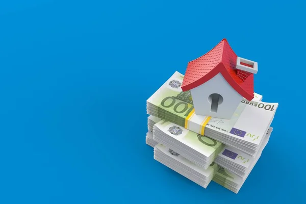 Kis Ház Egy Halom Pénzen Kék Háttérrel Elszigetelve Illusztráció — Stock Fotó