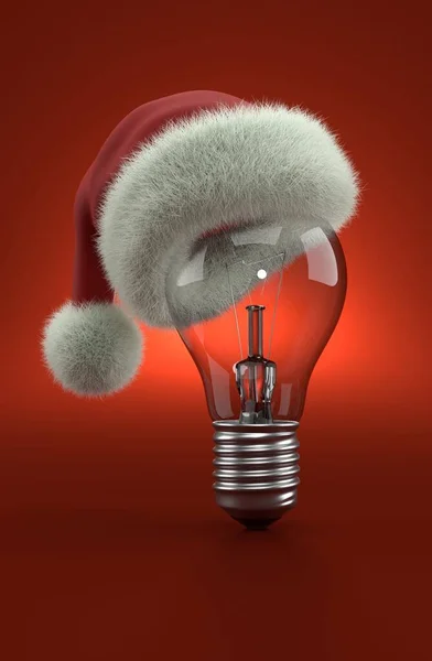 Light bulb with santa hat on red background. 3d illustration