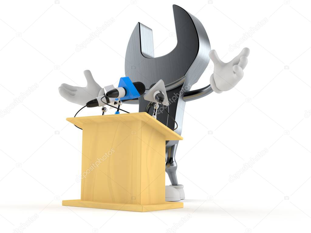 Wrench character gives a presentation isolated on white background. 3d illustration