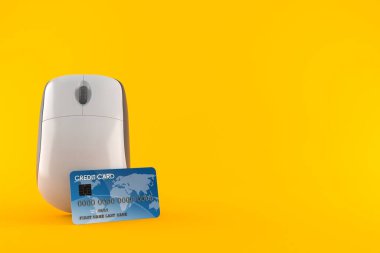 Kredi kartı olan bir bilgisayar faresi turuncu arka planda izole edilmiş. 3d illüstrasyon