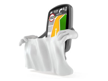 GPS navigasyon karakteri beyaz arka planda beyaz bir sayfa tutuyor. 3d illüstrasyon