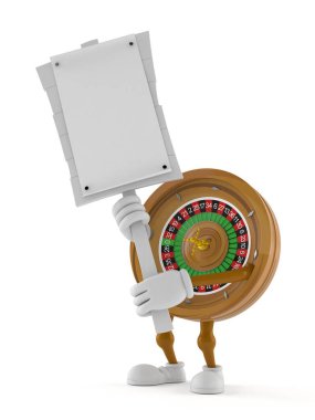 Beyaz arka planda izole edilmiş rulet karakteri protesto işareti tutuyor. 3d illüstrasyon
