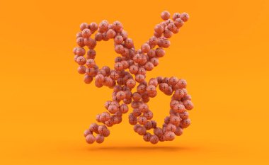 Turuncu arka planda basketbol toplarından yapılmış yüzde sembolü. 3d illüstrasyon