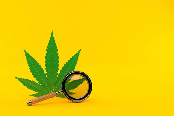 Cannabis Blad Med Förstoringsglas Isolerad Orange Bakgrund Illustration — Stockfoto