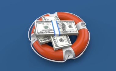 Yaşam şamandırasının içindeki dolar birimi mavi arka planda izole edilmiş. 3d illüstrasyon