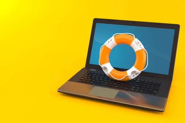 Life buoy with laptop isolated on orange background. 3d illustration