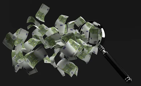 Dinheiro Euros Voar Através Lupa Sobre Fundo Cinzento Ilustração — Fotografia de Stock