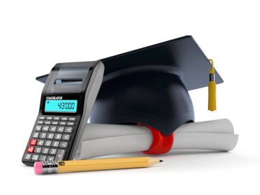 Hesap makinesi ve beyaz arkaplanda izole edilmiş kalem ile mortarboard. 3d illüstrasyon