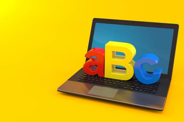 Abc Tekst Met Laptop Geïsoleerd Oranje Achtergrond Illustratie — Stockfoto