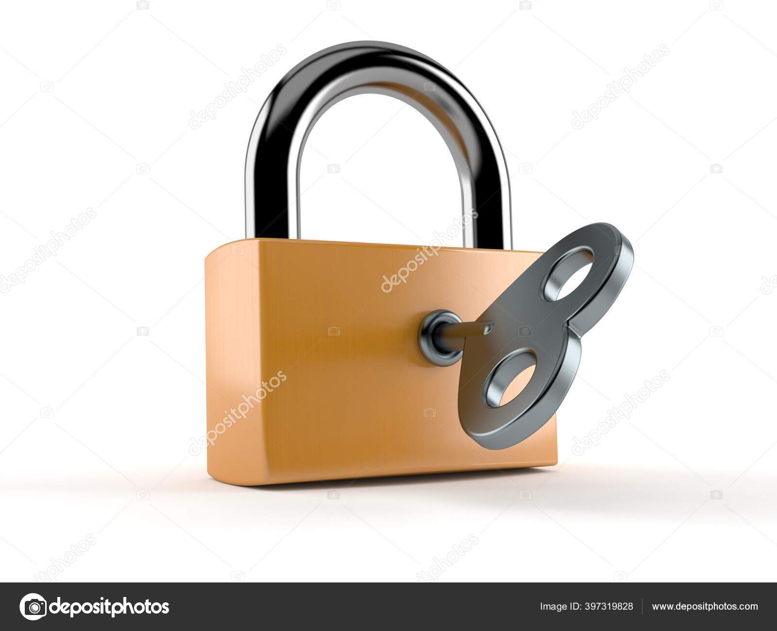 Isolated On The White Padlock Clockwork Key Isolated White Background