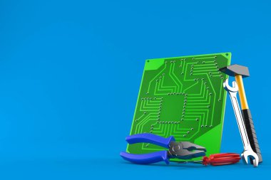 Circuit board with work tools isolated on blue background. 3d illustration