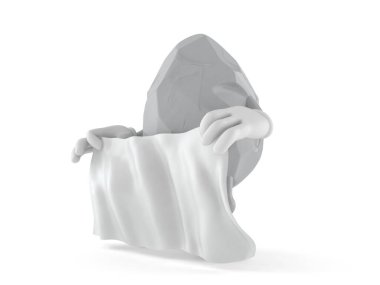 Beyaz arka planda beyaz çarşaf tutan kaya karakteri. 3d illüstrasyon