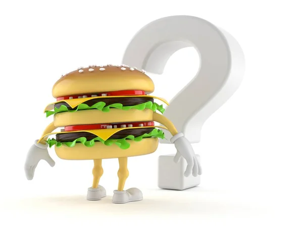 白い背景に隔離されたクエスチョンマークのシンボルを見てハンバーガーの文字 3Dイラスト — ストック写真