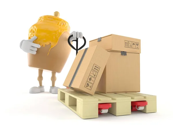 白い背景に隔離された段ボール箱とハンドパレットトラックと蜂蜜瓶文字 3Dイラスト — ストック写真