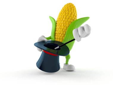 Beyaz arka planda izole edilmiş sihirli şapkalı mısır karakteri. 3d illüstrasyon