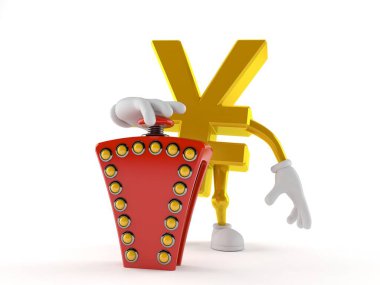 Beyaz arkaplanda Yen karakteri sorgulama düğmesine basıyor. 3d illüstrasyon