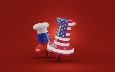 Kırmızı arka planda ABD ve Rusya bayrakları olan raptiyeler. 3d illüstrasyon