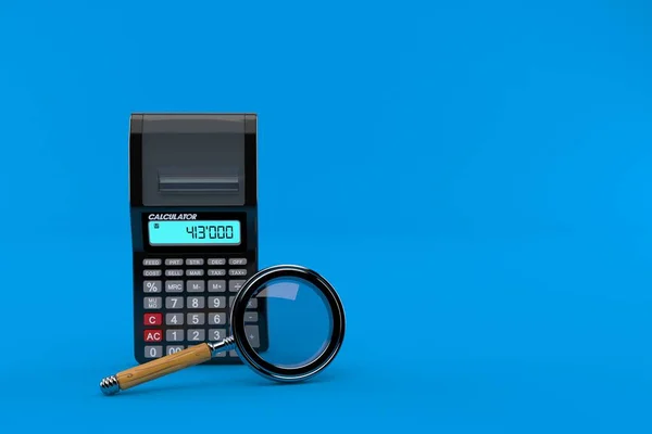 Calculadora Com Lupa Isolada Sobre Fundo Azul Ilustração — Fotografia de Stock