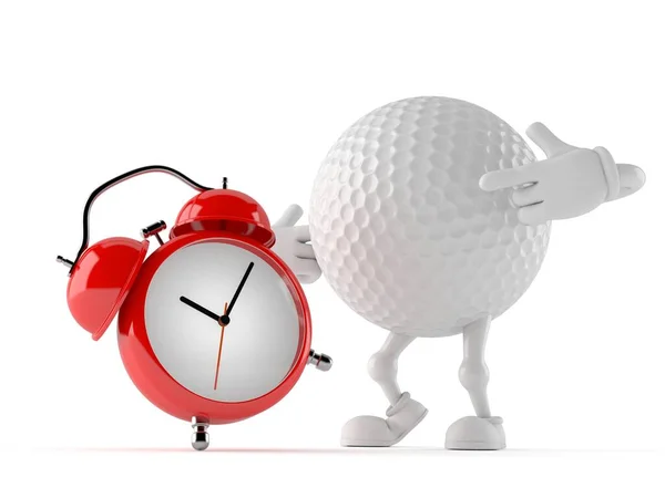白い背景に隔離された目覚まし時計とゴルフボール文字 3Dイラスト — ストック写真