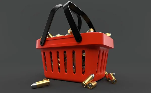 グレーの背景に隔離されたショッピングバスケット内の弾薬 3Dイラスト — ストック写真