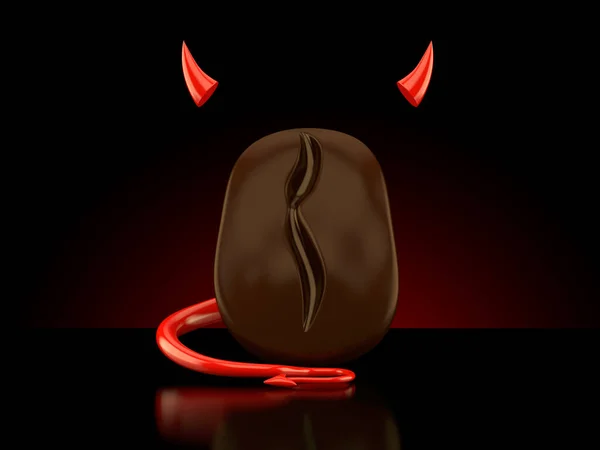 Coffee bean with devil horns and tail on black background. 3d illustration