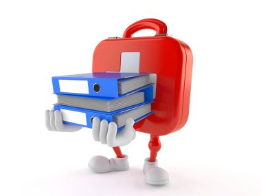 Beyaz arka planda izole edilmiş yüzük klasörleri taşıyan ilk yardım çantası karakteri. 3d illüstrasyon