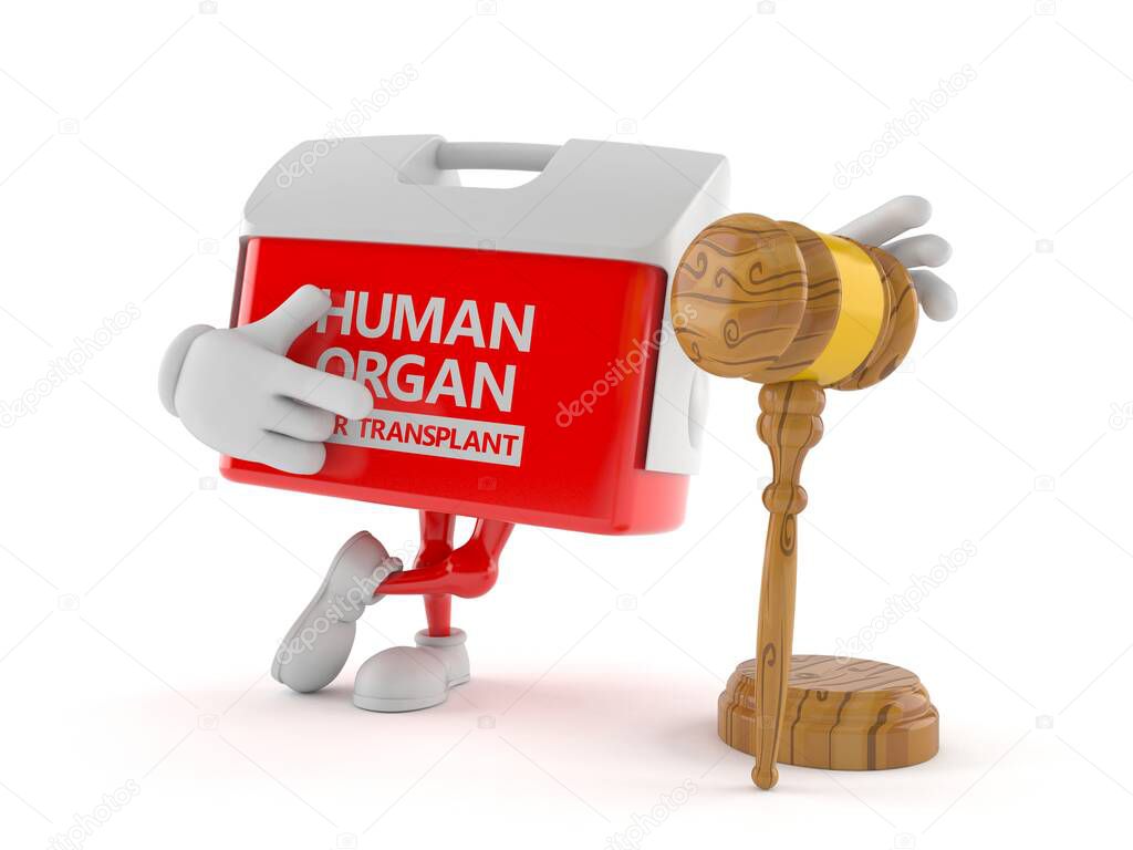Transplant box character with gavel isolated on white background. 3d illustration