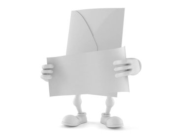 Zarf karakteri beyaz arkaplanda boş kağıtlar tutuyor. 3d illüstrasyon