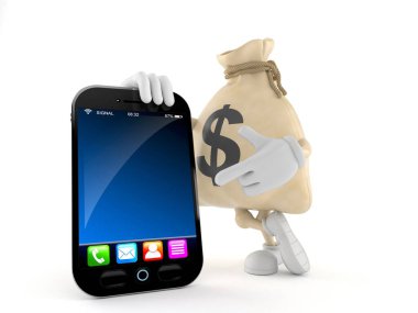 Akıllı telefonu olan para çantası karakteri beyaz arka planda izole edilmiş. 3d illüstrasyon