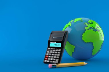 Mavi arka planda, hesap makinesi ve kalem izole edilmiş dünya küresi. 3d illüstrasyon