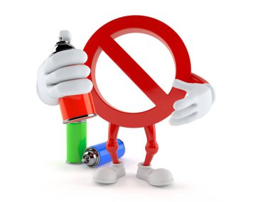 Beyaz arka planda izole edilmiş sprey kutuları olan yasaklı karakter. 3d illüstrasyon