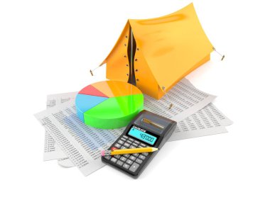 Beyaz arkaplanda izole edilmiş belge ve hesap makineli çadır. 3d illüstrasyon