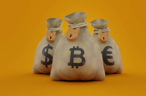 オレンジの背景に通貨記号付きマネーバッグ 3Dイラスト — ストック写真