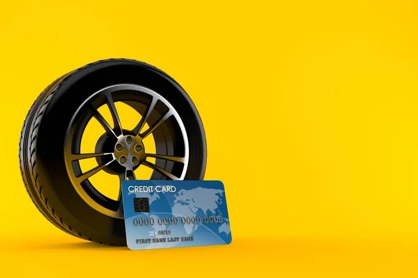 Pneu Carro Com Cartão Crédito Isolado Fundo Laranja Ilustração — Fotografia de Stock