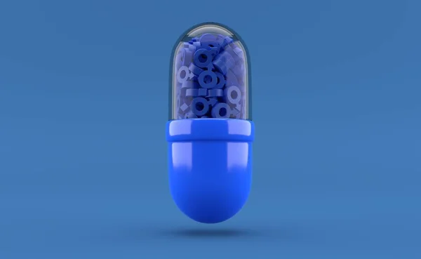 Mužské Genderové Symboly Uvnitř Pilulky Izolované Modrém Pozadí Ilustrace — Stock fotografie