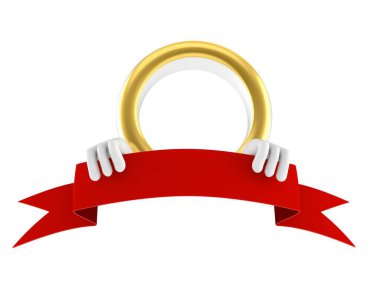 Beyaz arka planda boş pankartı olan alyans karakteri. 3d illüstrasyon