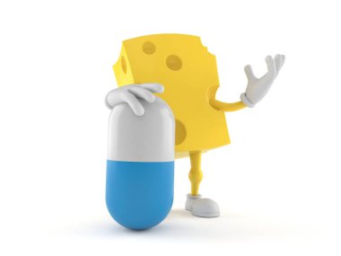 Beyaz arka planda haplı peynir karakteri. 3d illüstrasyon