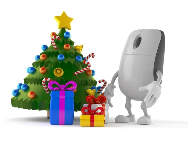 白い背景に隔離されたクリスマスツリーと贈り物とコンピュータのマウスの文字 3Dイラスト — ストック写真