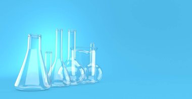 Mavi arka planda kimya şişeleri. 3d illüstrasyon