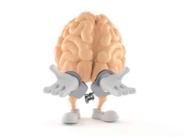 Brain character in handcuffs isolated on white background. 3d illustration