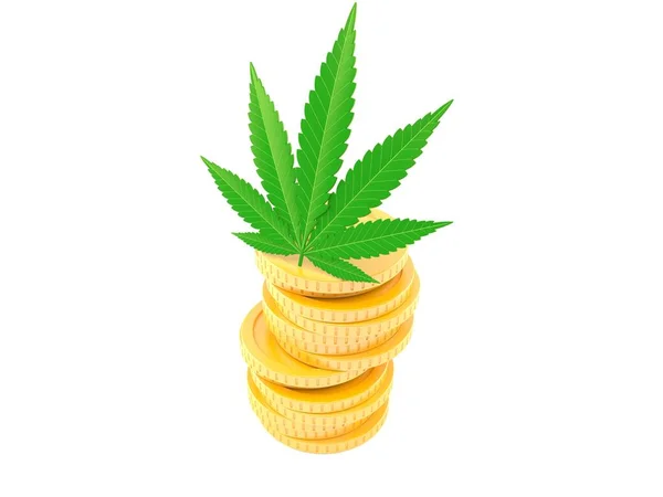 Hoja Cannabis Con Pila Monedas Aisladas Sobre Fondo Blanco Ilustración — Foto de Stock