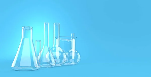 Chemistry flasks on blue background. 3d illustration